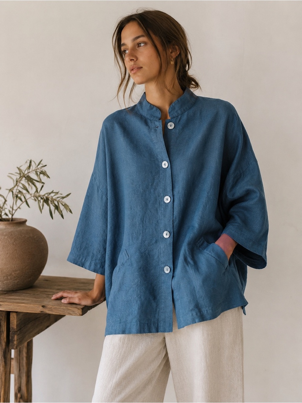 Bryn Walker 100% Linen Oversized Button Up Stand Collar Jacket - Size M